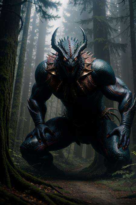 a giant monster hybrid of dragon and spider,  in dark dense foggy forest,  RAW photo on Tensor.Art