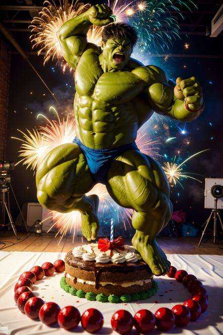 (dynamic camera),  ete Davidson as hulk; jumping out of giant birthday cake 🎂 💥; explosive splatter,  RAW photo on Tenso...