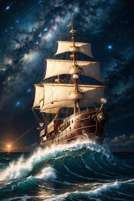 (realistic: 1.2),  a steampunk ship on high sea,  huge waves on Tensor.Art