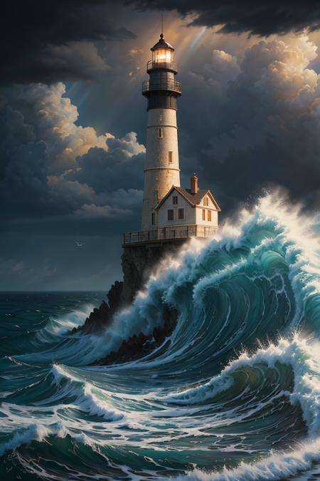 An ultra-detailed oil painting of a lighthouse surrounded by raging waves and stormy skies. ,  (hyper-realistic), on Tenso...