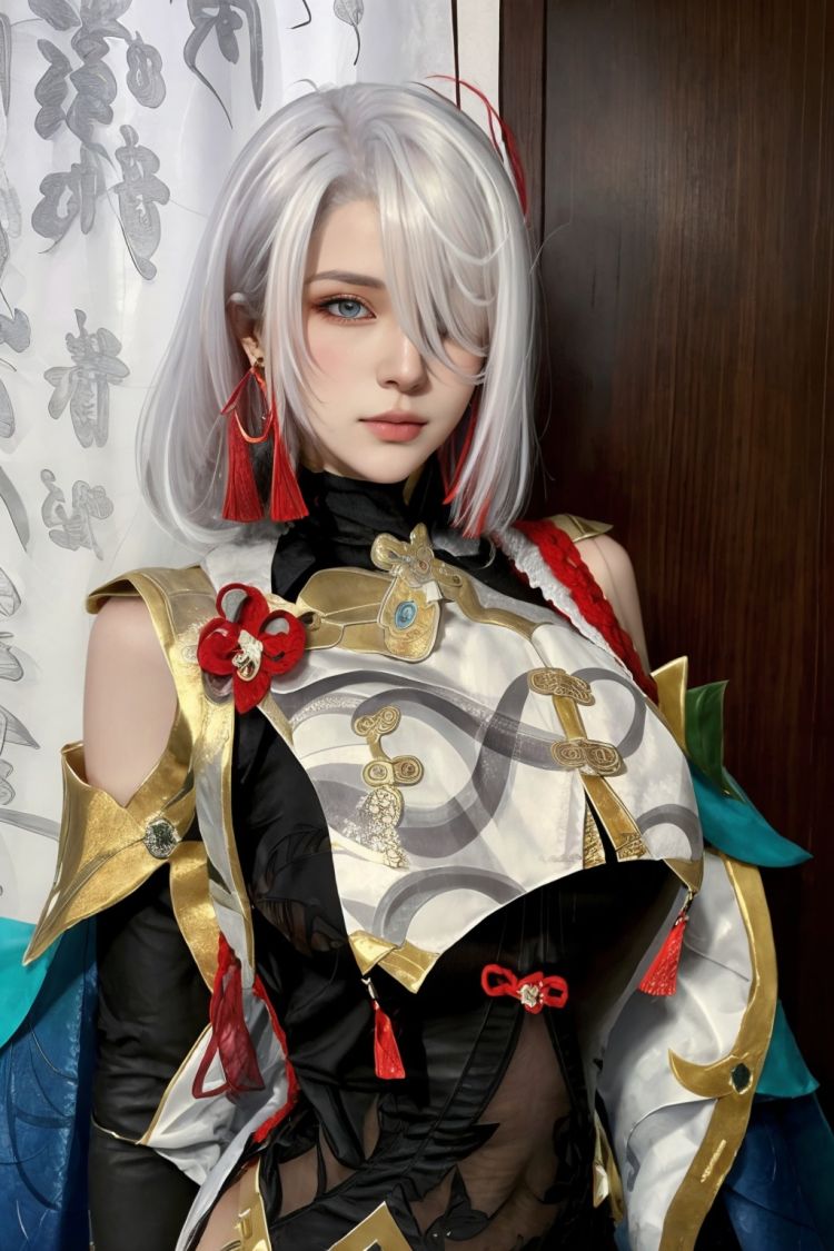 (masterpiece, best quality:1.4),finely detailed,1girl,solo,(pale skin),(perfect body),glossy skin,killer,shenhe \(genshin impact\),(hair over one eye),long hair,tassel,gloves,breast curtain,(black bodysuit),bodysuit,tassel earrings,(close-up photo:1.1),(supergiant breasts:1.4),(arms behind back),white hair,(hair decoration),,,