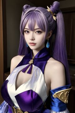 (masterpiece, best quality:1.4),finely detailed,1girl,solo,(pale skin:1.1),perfect body,glossy skin,(Supergiant huge breasts:1.3),,keqing \(genshin impact\),gloves,cone hair bun,purple hair,jewelry,earrings,dress,hair bun,long hair,looking at viewer,detached sleeves,twintails,hair ornament,bangs,purple gloves,purple dress,bare shoulders,double bun,realistic,black eyes,,