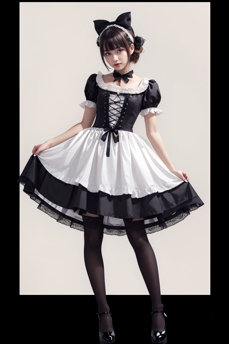1girl,white background,full body, lolita fashion,Black 8D glossy stockings,  