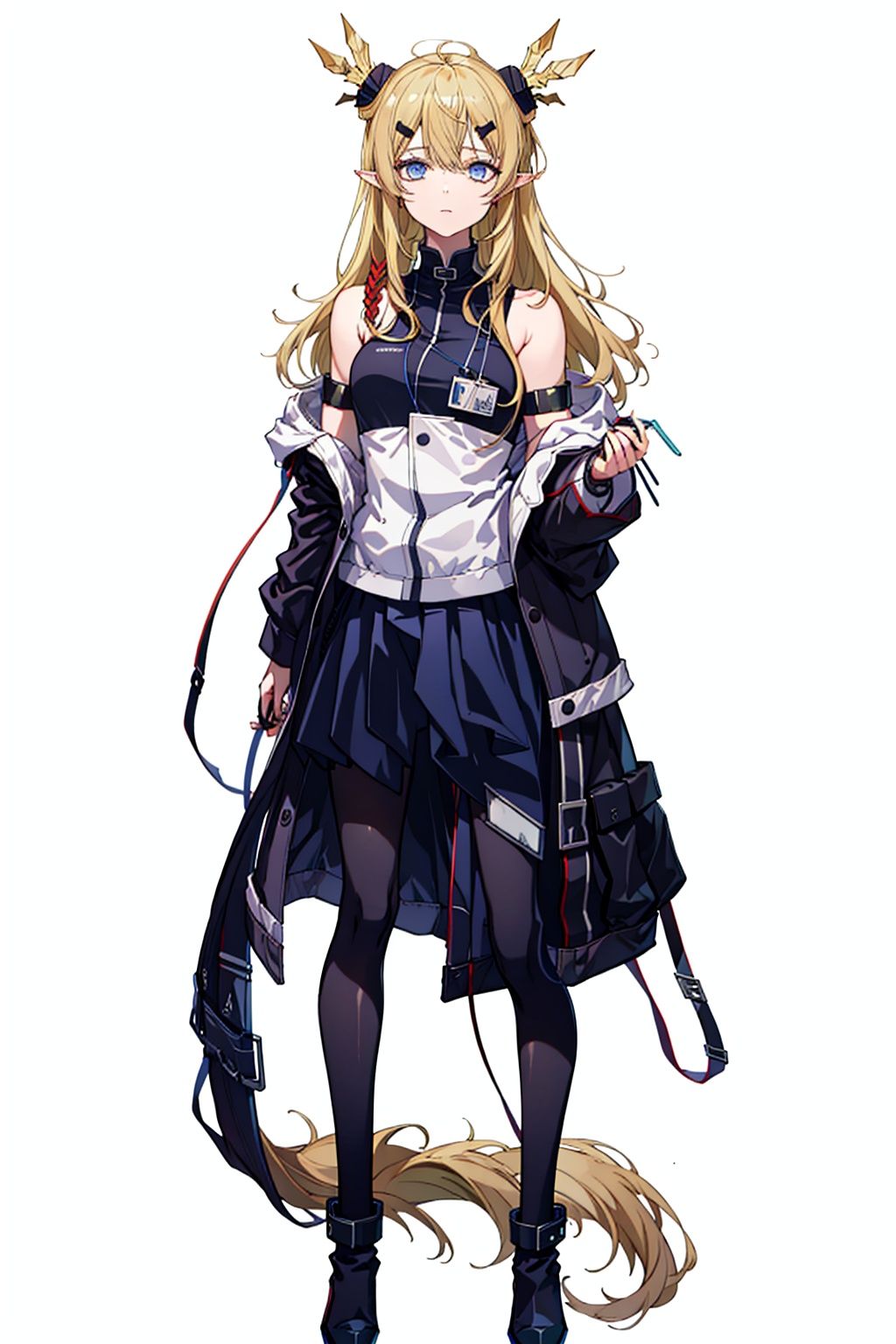(masterpiece:1.3), (the best quality:1.2), (super fine illustrations:1.2), (Masterpiece), high quality, high detail,((white background:1.2)), looking at viewer, (SOLO:1.4),outline,,simple background, off_shoulder,open_clothes,tail,pointy_ears,high_heel_boots,hair_ornament,hair_between_eyes,blonde_hair,bare_shoulders,animal_ears,transparent_background,full_body,1girl,long_hair,boots,solo,messy_hair,off_shoulder,scar