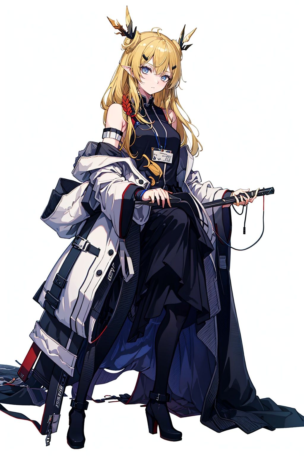 (masterpiece:1.3), (the best quality:1.2), (super fine illustrations:1.2), (Masterpiece), high quality, high detail,((white background:1.2)), looking at viewer, (SOLO:1.4),outline,,simple background, off_shoulder,open_clothes,tail,pointy_ears,high_heel_boots,hair_ornament,hair_between_eyes,blonde_hair,bare_shoulders,animal_ears,transparent_background,full_body,1girl,long_hair,boots,solo,messy_hair,off_shoulder,scar
