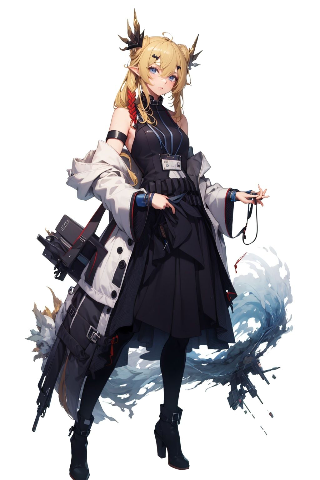 (masterpiece:1.3), (the best quality:1.2), (super fine illustrations:1.2), (Masterpiece), high quality, high detail,((white background:1.2)), looking at viewer, (SOLO:1.4),outline,,simple background, off_shoulder,open_clothes,tail,pointy_ears,high_heel_boots,hair_ornament,hair_between_eyes,blonde_hair,bare_shoulders,animal_ears,transparent_background,full_body,1girl,long_hair,boots,solo,messy_hair,off_shoulder,scar