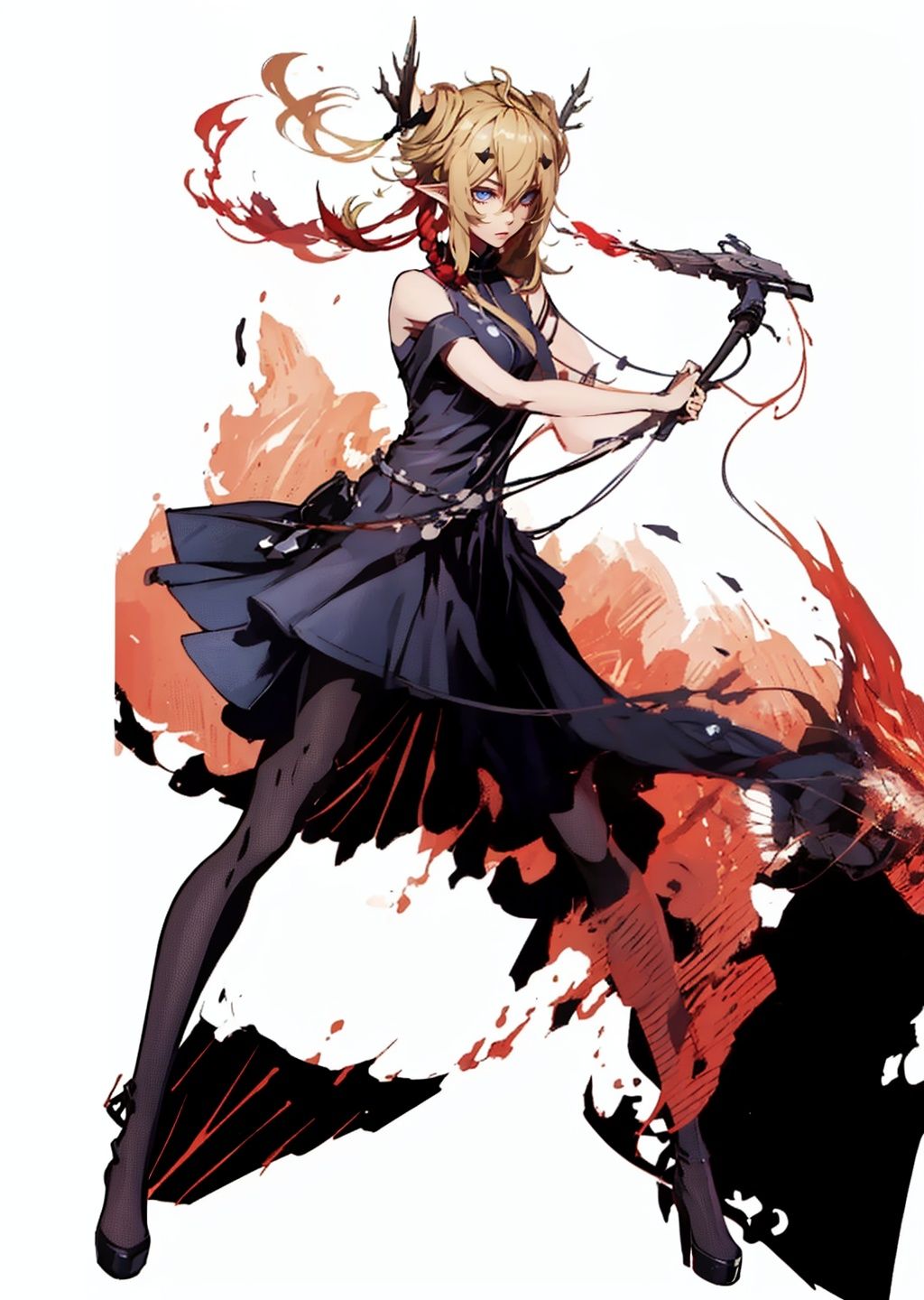 (masterpiece:1.3), (the best quality:1.2), (super fine illustrations:1.2), (Masterpiece), high quality, high detail,((white background:1.2)), looking at viewer, (SOLO:1.4),outline,,simple background, off_shoulder,open_clothes,tail,pointy_ears,high_heel_boots,hair_ornament,hair_between_eyes,blonde_hair,bare_shoulders,animal_ears,transparent_background,full_body,1girl,long_hair,boots,solo,messy_hair,off_shoulder,scar