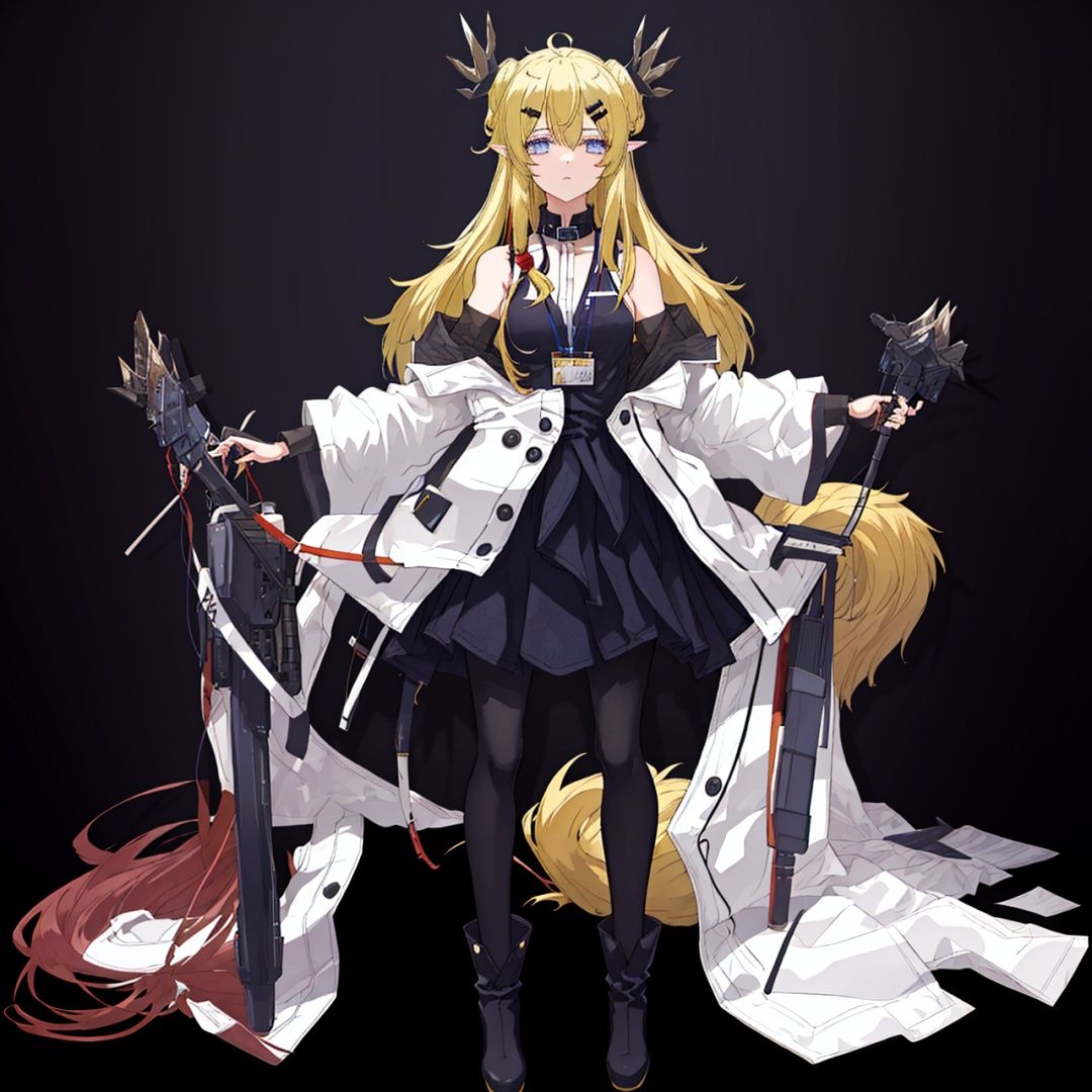 off_shoulder,open_clothes,tail,pointy_ears,high_heel_boots,hair_ornament,hair_between_eyes,blonde_hair,bare_shoulders,animal_ears,transparent_background,full_body,1girl,long_hair,boots,solo,messy_hair