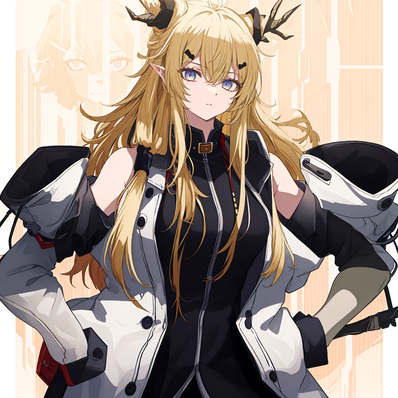  off_shoulder,open_clothes,tail,pointy_ears,high_heel_boots,hair_ornament,hair_between_eyes,blonde_hair,bare_shoulders,animal_ears,transparent_background,full_body,1girl,long_hair,boots,solo,messy_hair