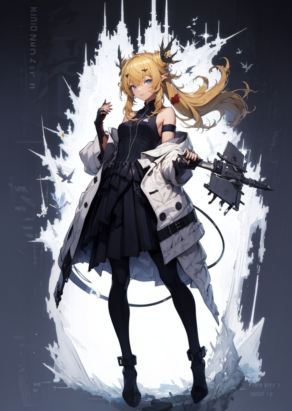 (masterpiece:1.3), (the best quality:1.2), (super fine illustrations:1.2), (Masterpiece), high quality, high detail,((white background:1.2)), looking at viewer, (SOLO:1.4),outline,,simple background, off_shoulder,open_clothes,tail,pointy_ears,high_heel_boots,hair_ornament,hair_between_eyes,blonde_hair,bare_shoulders,animal_ears,transparent_background,full_body,1girl,long_hair,boots,solo,messy_hair,off_shoulder,scar