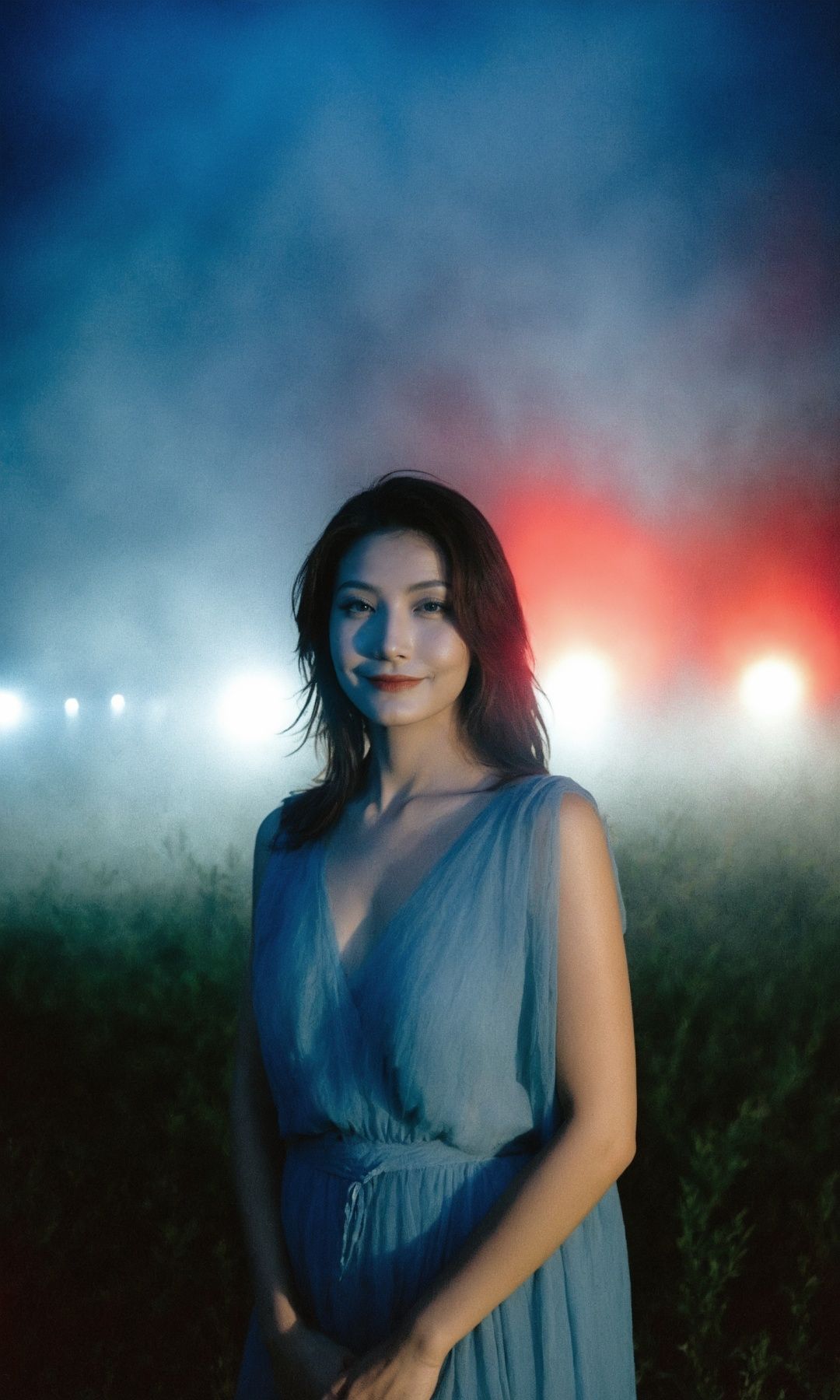 a mysterious woman,fog,movie lights,blue and red theme,smiling,<lora:shou-xl:0.6>,