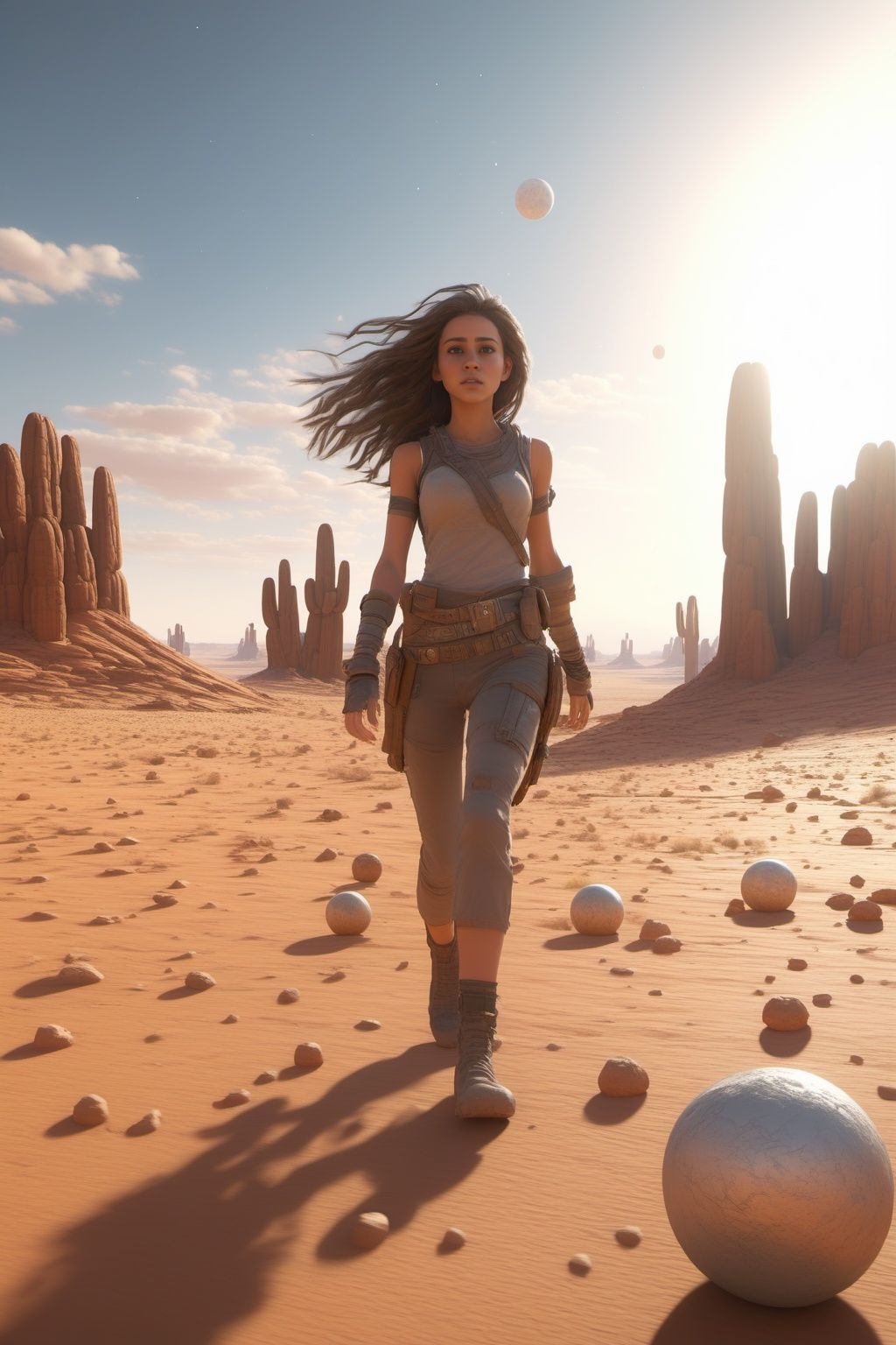 2girl,full body,brown eyes,long hair,looking from above,the space,afloat,moons,Running position,Wide-angle lens distortion,BJ_debris,outdoors,sky,day,cloud,blue_sky,no_humans,scenery,sunset,desert,Photographic,3D Model,Cinematic,(masterpiece:1.4),Rebellious girl,NVDI,building,A high resolution,ultra - detailed,<lora:SDXL_debris:0.5>,