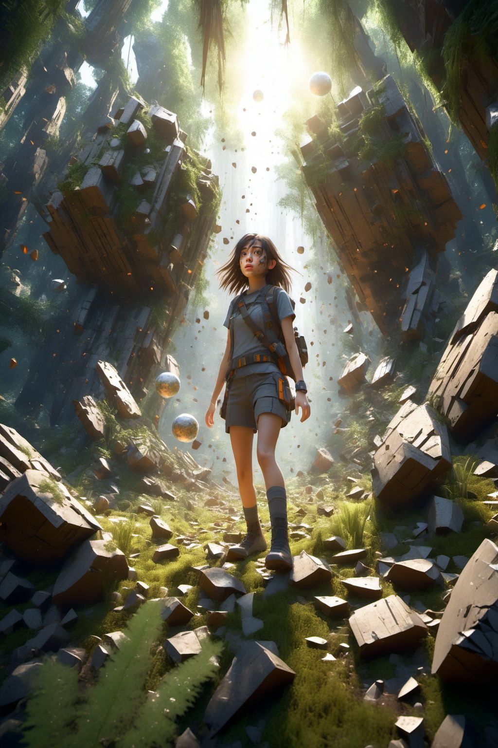 2girl,pretty face,brown eyes,long hair,looking from above,the space,afloat,moons,Running position,Wide-angle lens distortion,BJ_debris,outdoors,day,tree,sunlight,grass,plant,nature,forest,rock,ruins,debris,moss,Photographic,3D Model,Cinematic,(masterpiece:1.4),Rebellious girl,NVDI,building,A high resolution,ultra - detailed,<lora:Blue_butterfly_SDXL1.0:0.5>,<lora:Fallen_angel_SDXL1.0:0.7>,<lora:SDXL_debris:0.5>,<lora:Pure_Realistic_SDXL:0.3>,