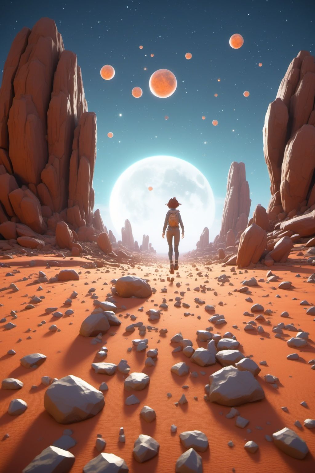 2girl,two horns on his head,looking from above,the space,afloat,moons,Running position,Wide-angle lens distortion,BJ_debris,outdoors,sky,no_humans,night,star_\(sky\),night_sky,scenery,rock,stone,Photographic,3D Model,Cinematic,(masterpiece:1.4),Rebellious girl,NVDI,building,A high resolution,ultra - detailed,<lora:SDXL_debris:0.7>,