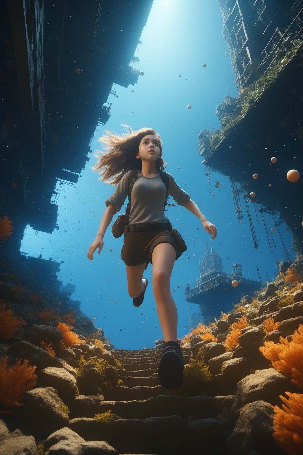 2girl,full body,brown eyes,long hair,looking from above,the space,afloat,moons,Running position,Wide-angle lens distortion,BJ_debris,scenery,fish,stairs,underwater,Photographic,3D Model,Cinematic,(masterpiece:1.4),Rebellious girl,NVDI,building,A high resolution,ultra - detailed,<lora:SDXL_debris:0.5>,