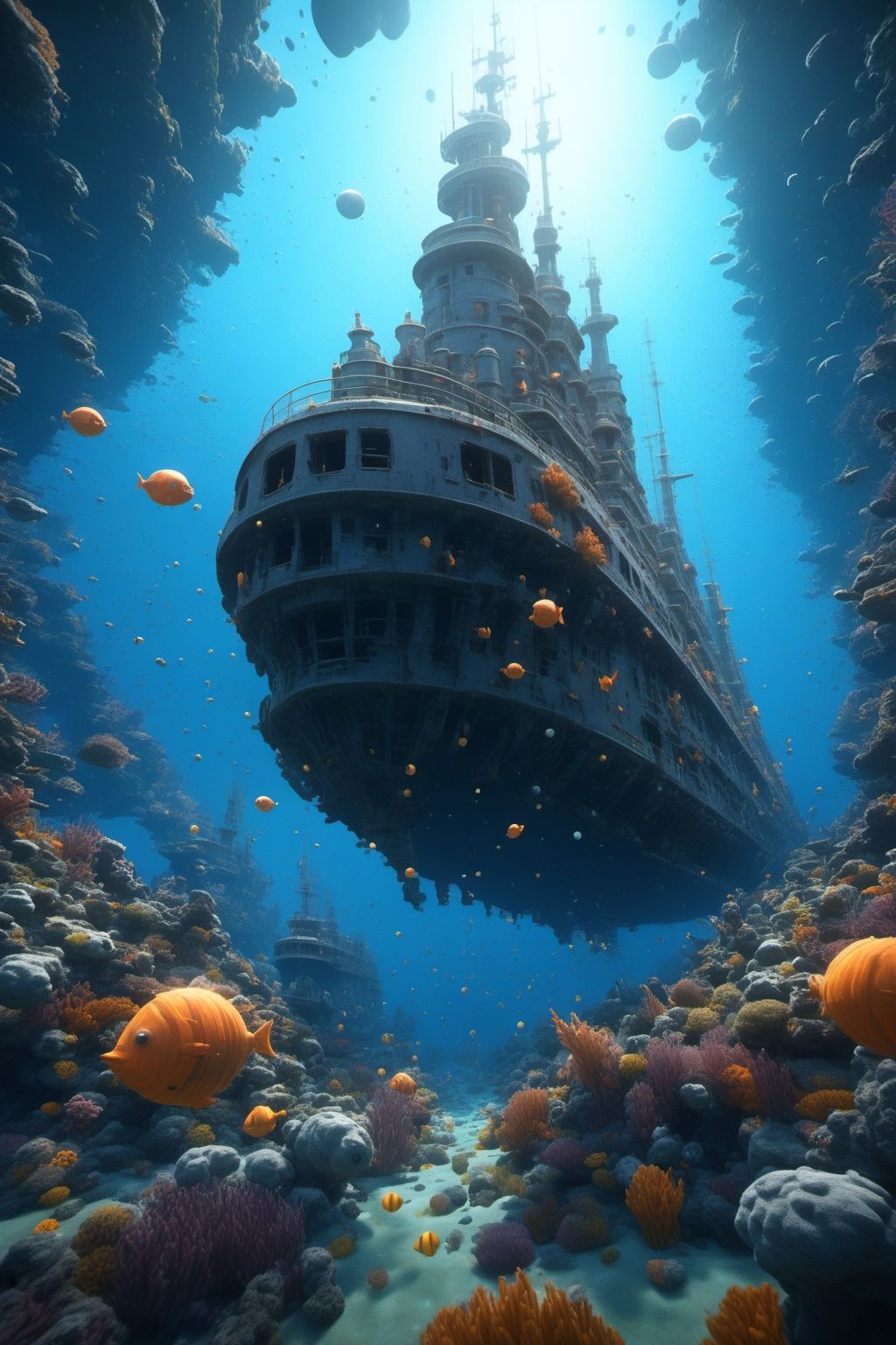 1girl,looking from above,the space,afloat,moons,Running position,Wide-angle lens distortion,BJ_debris,underwater,watercraft,battleship,Photographic,3D Model,Cinematic,(masterpiece:1.4),Rebellious girl,NVDI,building,A high resolution,ultra - detailed,<lora:SDXL_debris:0.7>,<lora:Fallen_angel_SDXL1.0:0.7>,