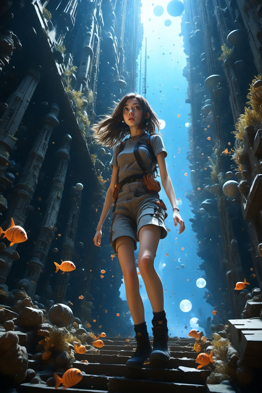 2girl,full body,brown eyes,long hair,looking from above,the space,afloat,moons,Running position,Wide-angle lens distortion,BJ_debris,scenery,fish,stairs,underwater,Photographic,3D Model,Cinematic,(masterpiece:1.4),Rebellious girl,NVDI,building,A high resolution,ultra - detailed,<lora:Blue_butterfly_SDXL1.0:0.5>,<lora:Fallen_angel_SDXL1.0:0.7>,<lora:SDXL_debris:0.5>,<lora:Pure_Realistic_SDXL:0.3>,