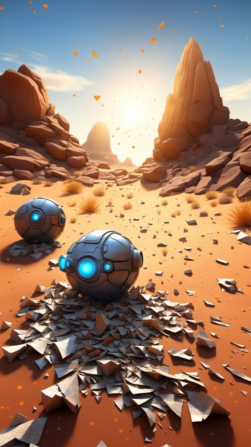 BJ_debris, outdoors, sky, no_humans, shadow, glowing, robot, rock, one-eyed, debris, desert,8k,intricate,highly detailed,hdr,high definition,<lora:SDXL_debris:0.7>,