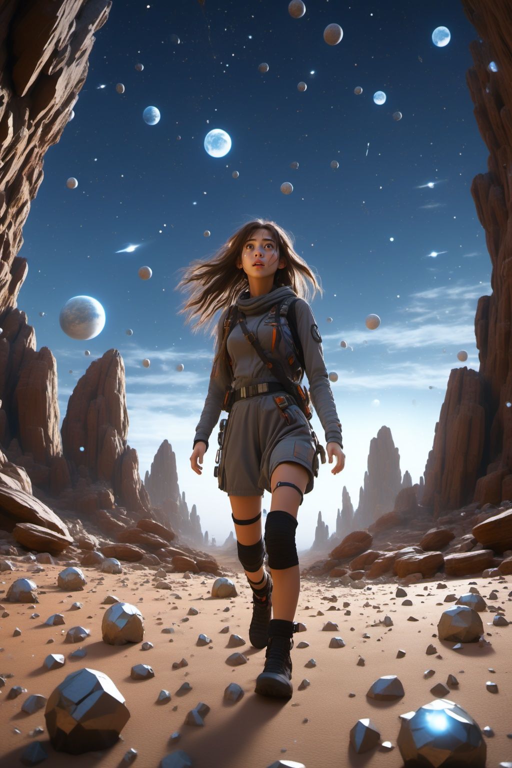 2girl,pretty face,brown eyes,long hair,looking from above,the space,afloat,moons,Running position,Wide-angle lens distortion,BJ_debris,outdoors,sky,no_humans,star_\(sky\),scenery,starry_sky,science_fiction,rock,Photographic,3D Model,Cinematic,(masterpiece:1.4),Rebellious girl,NVDI,building,A high resolution,ultra - detailed,<lora:Blue_butterfly_SDXL1.0:0.5>,<lora:Fallen_angel_SDXL1.0:0.7>,<lora:SDXL_debris:0.5>,<lora:Pure_Realistic_SDXL:0.3>,