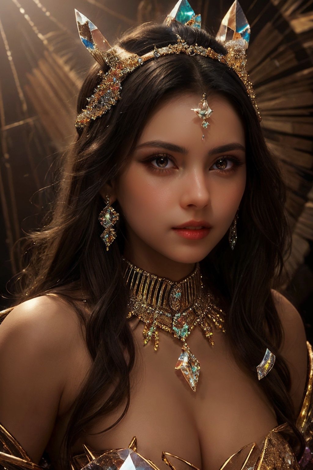 Tribal style gl4ss,beautiful woman made of gl4ss, transparent, gradient, shiny, glint, reflection,<lora:gl4ss-03:1> . Indigenous, ethnic, traditional patterns, bold, natural colors, highly detailed