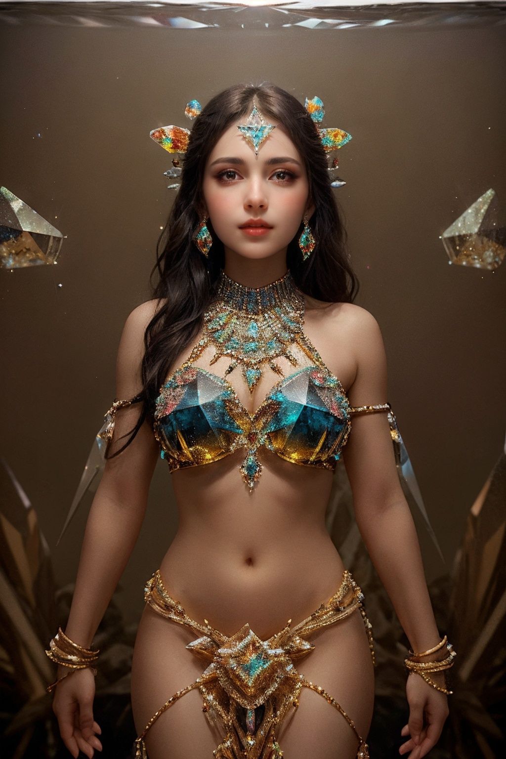Tribal style gl4ss,beautiful woman made of gl4ss, transparent, gradient, shiny, glint, reflection,<lora:gl4ss-03:1> . Indigenous, ethnic, traditional patterns, bold, natural colors, highly detailed