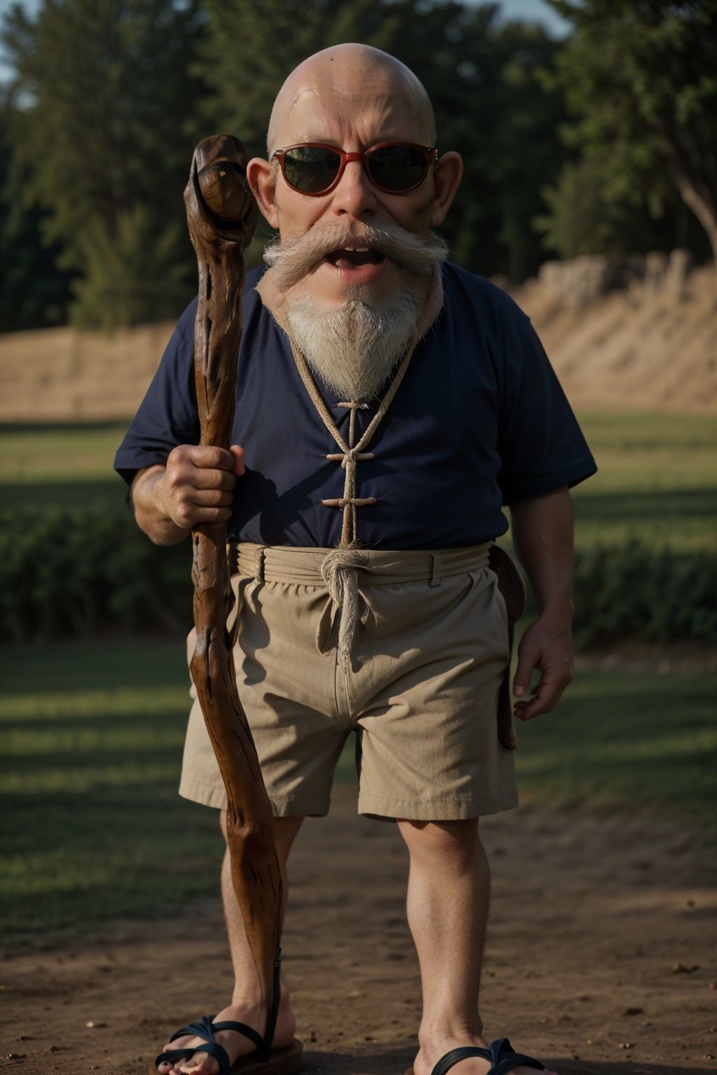 cinematic film still cinematic photo k4k3k,open mouth, facial hair, sunglasses, beard, bald, old, old man, white hair, ((dwarf)),mustache, staff, shirt, shorts, holding, standing, orange chinese clothes, pants, bag, sandals, holding staff ,<lora:k4k3k-04:0.8> . 35mm photograph, film, bokeh, professional, 4k, highly detailed . shallow depth of field, vignette, highly detailed, high budget Hollywood movie, bokeh, cinemascope, moody, epic, gorgeous, film grain, grainy