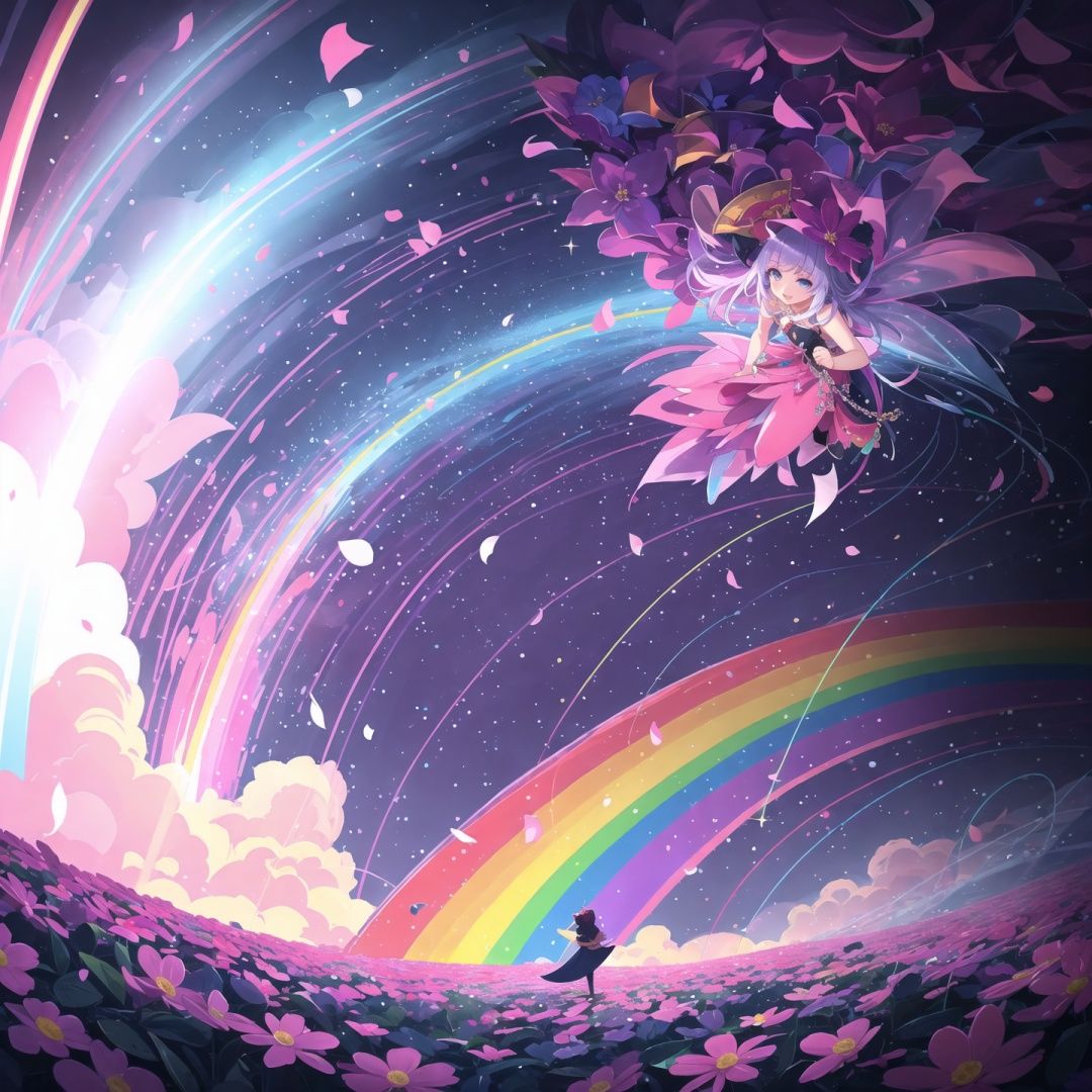 ((best quality, masterpiece)), imaginary world, fairies, sparkles, twinkling stars, rainbows, purple sky, ((paper_flowers)), magnificent fantasy landscape, vivid colors, celebration, (abstract art:1.3),  