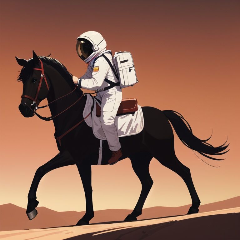 An astronaut on a horseback ride, walking on Mars