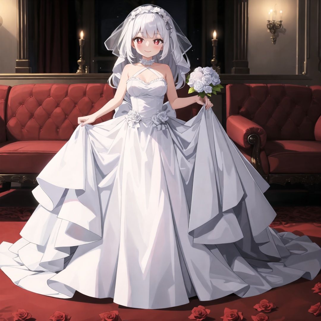 photo, full body close-up, roses, flowers, 1 girl, smile, red pupils, white hair, lolita dress, dreamy scene, art