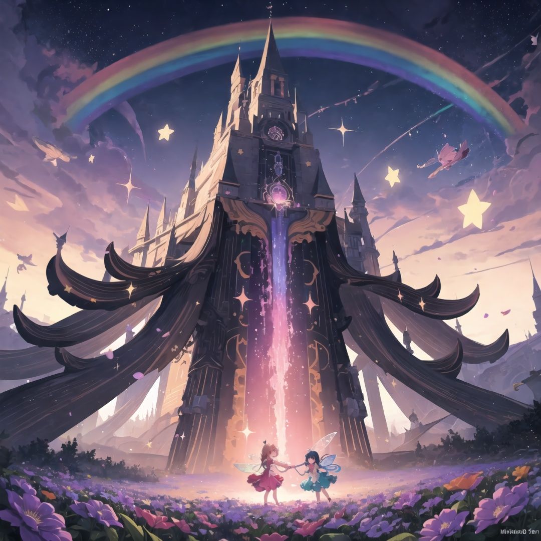 ((best quality, masterpiece)), imaginary world, fairies, sparkles, twinkling stars, rainbows, purple sky, ((paper_flowers)), magnificent fantasy landscape, vivid colors, celebration, (abstract art:1.3),  