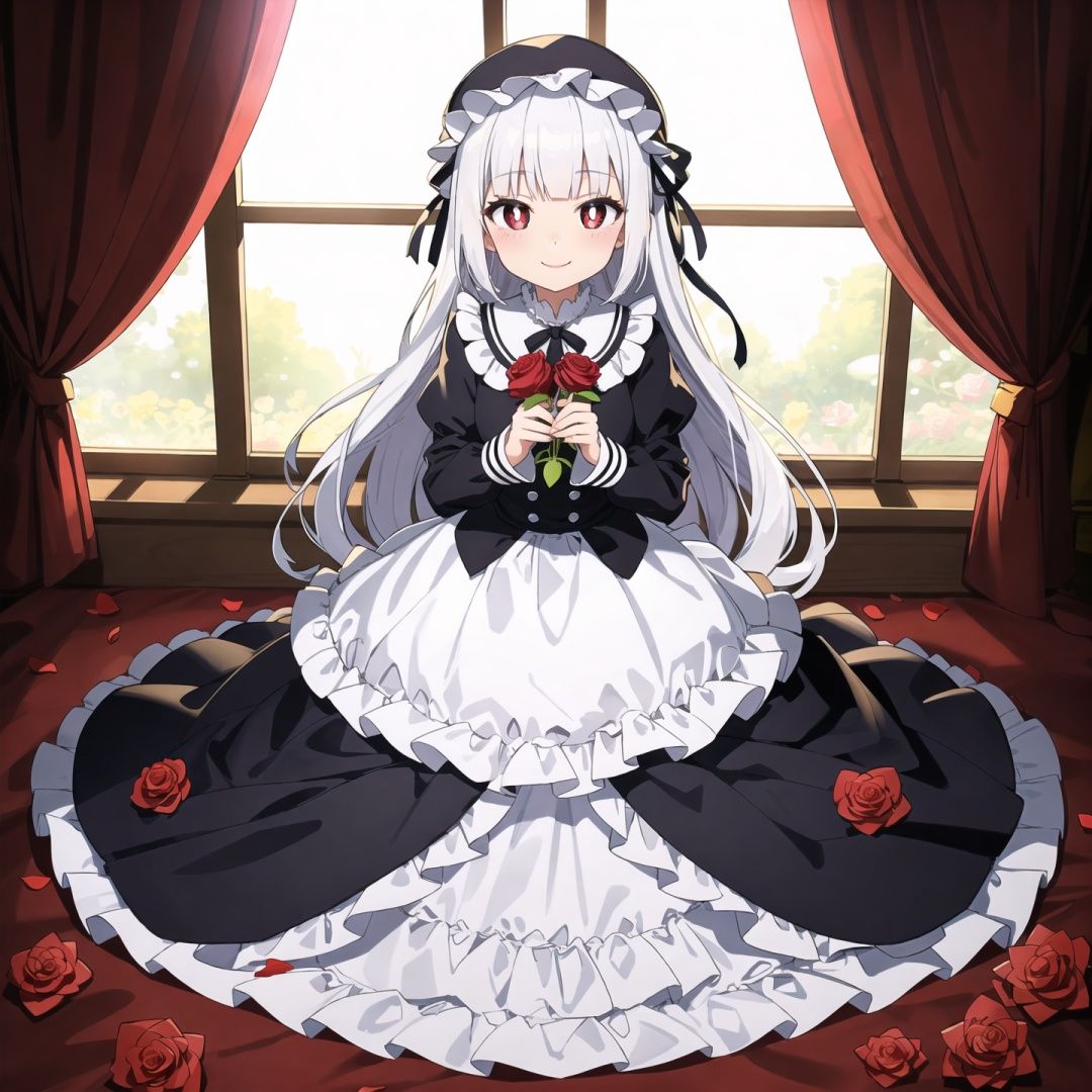 photo, full body close-up, roses, flowers, 1 girl, smile, red pupils, white hair, lolita dress, dreamy scene, art
