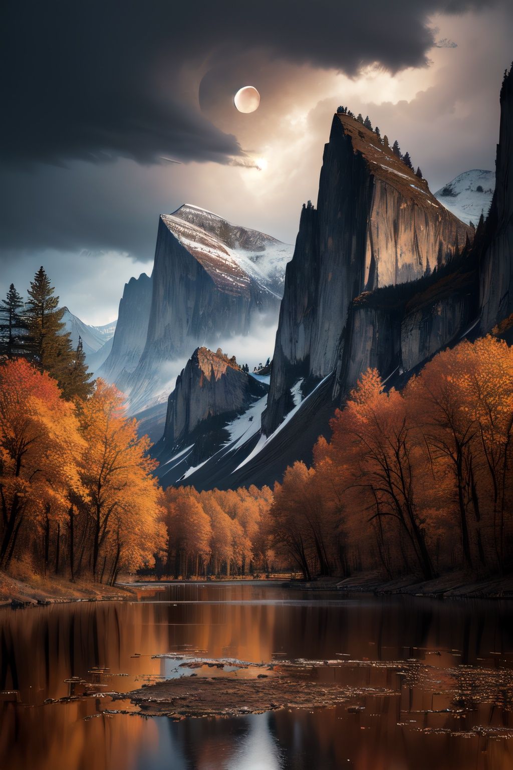 photo RAW,(autumn,mountains and a storm lake with a moon in the sky, old wooden slab home, 4k highly detailed digital art, 4 k hd wallpaper very detailed, impressive fantasy landscape, sci-fi fantasy desktop wallpaper, 4k wallpaper, 4k detailed hdr photography, sci-fi fantasy wallpaper, epic dreamlike fantasy landscape, 4k hd matte, 8k,Realistic, realism, hd, 35mm photograph, 8k), masterpiece, award winning photography, natural light, perfect composition, high detail, hyper realistic, (composition centering, conceptual photography), realistic, detailed, balanced, by Trey Ratcliff, Klaus Herrmann, Serge Ramelli, Jimmy McIntyre, Elia Locardi