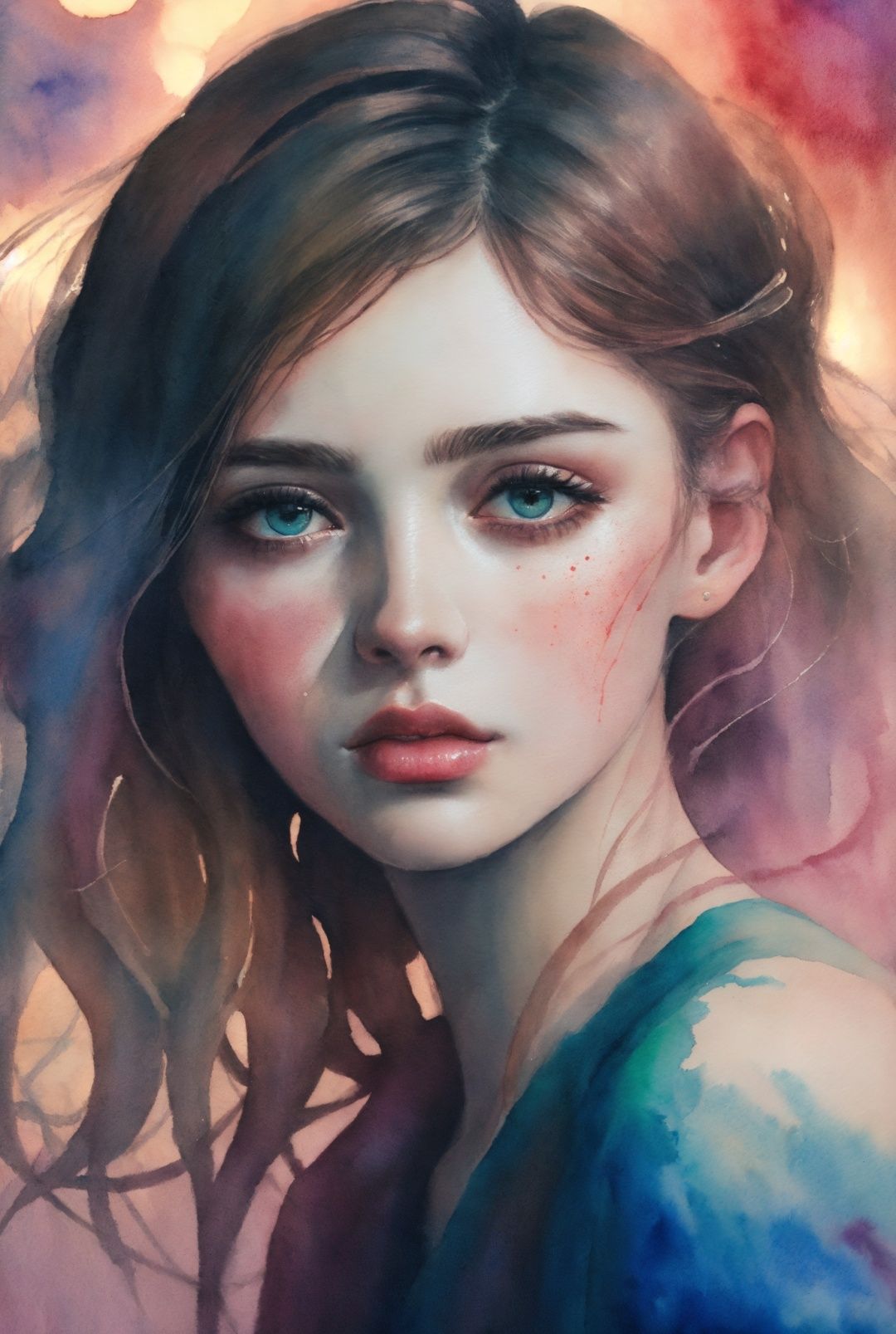 (8k, best quality, masterpiece:1.2),(best quality:1.0), (ultra highres:1.0), watercolor, a beautiful woman, shoulder, hair ribbons, by agnes cecile, half body portrait, extremely luminous bright design, pastel colors, (ink:1.3), autumn lights, watercolor 