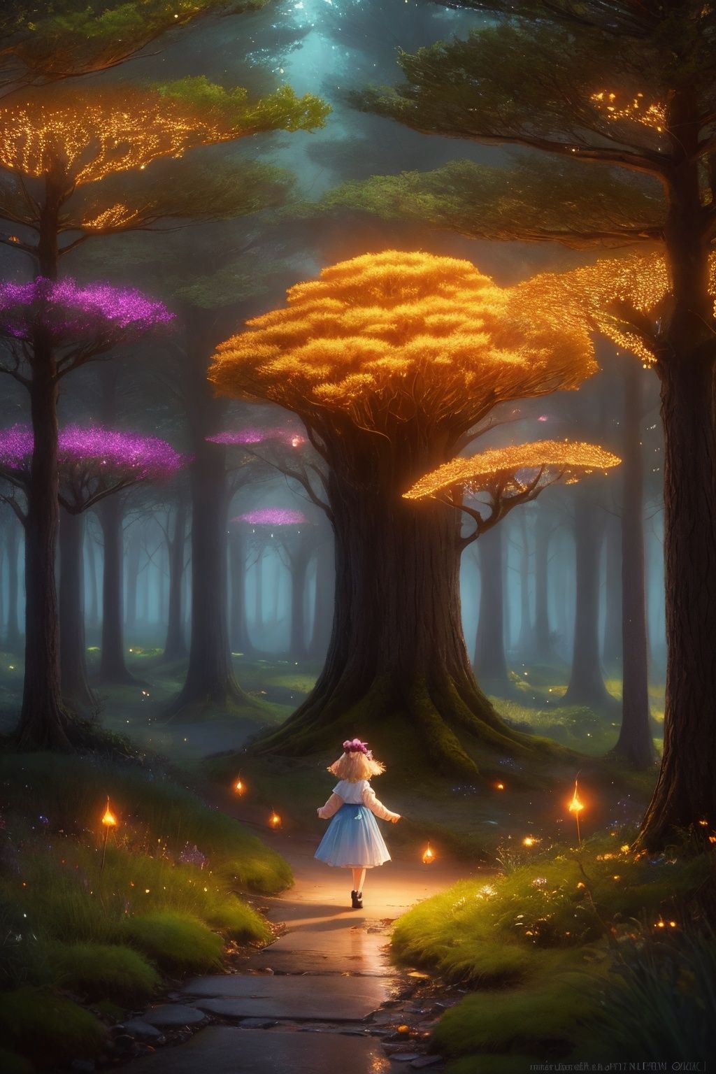 masterpiece, best quality, high quality,extremely detailed CG unity 8k wallpaper, An enchanting and dreamy scene of a fantasy forest, (with towering trees), glowing mushrooms, and hidden fairy glens, creating a sense of mystique and enchantment, BREAK, (1 cute girl, solo, chasing fireflies:1.5, full body), artstation, digital illustration, intricate, trending, pastel colors, oil paiting, award winning photography, Bokeh, Depth of Field, HDR, bloom, Chromatic Aberration ,Photorealistic,extremely detailed, trending on artstation, trending on CGsociety, Intricate, High Detail, dramatic