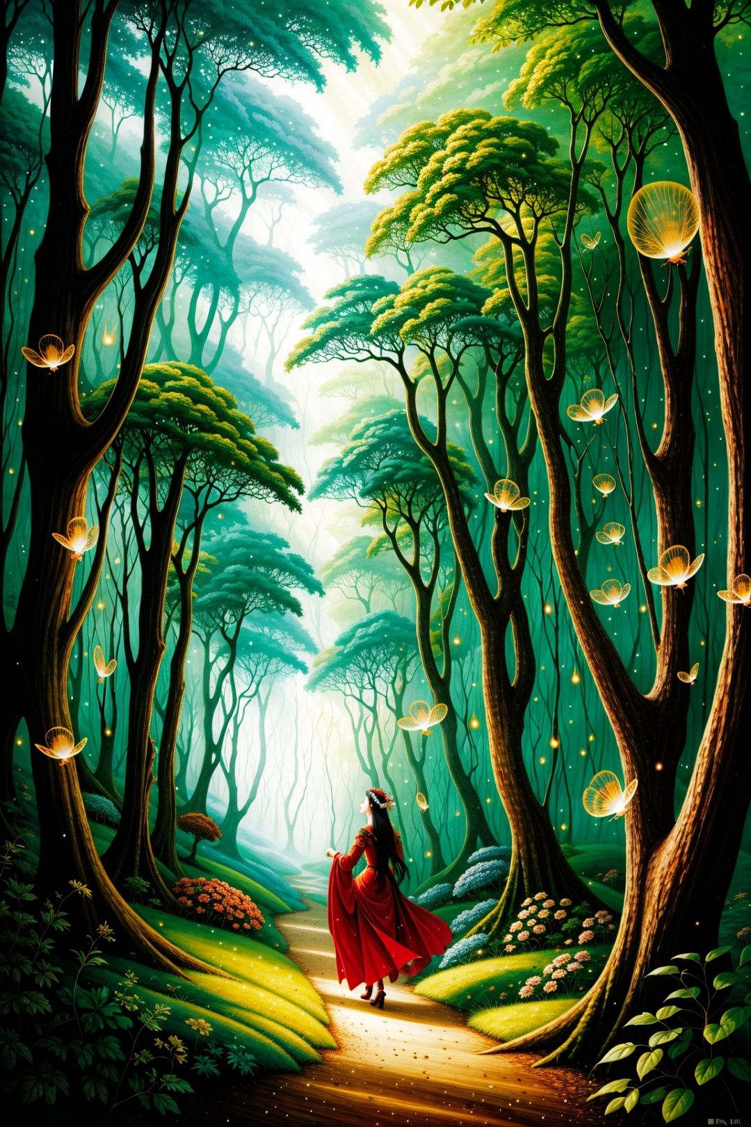 illustration by brian froud, Ultra-high resolution, dreamy perspective,a lady finds herself in a fantastic forest with towering trees radiating a mysterious light from their canopies. She walks down a path and encounters magical creatures and breathtaking plants, glowing fireflies on the grass and surrounded by glowing rubies, ultra detail, frosty anime stye,by Dongli for flyingsnow model