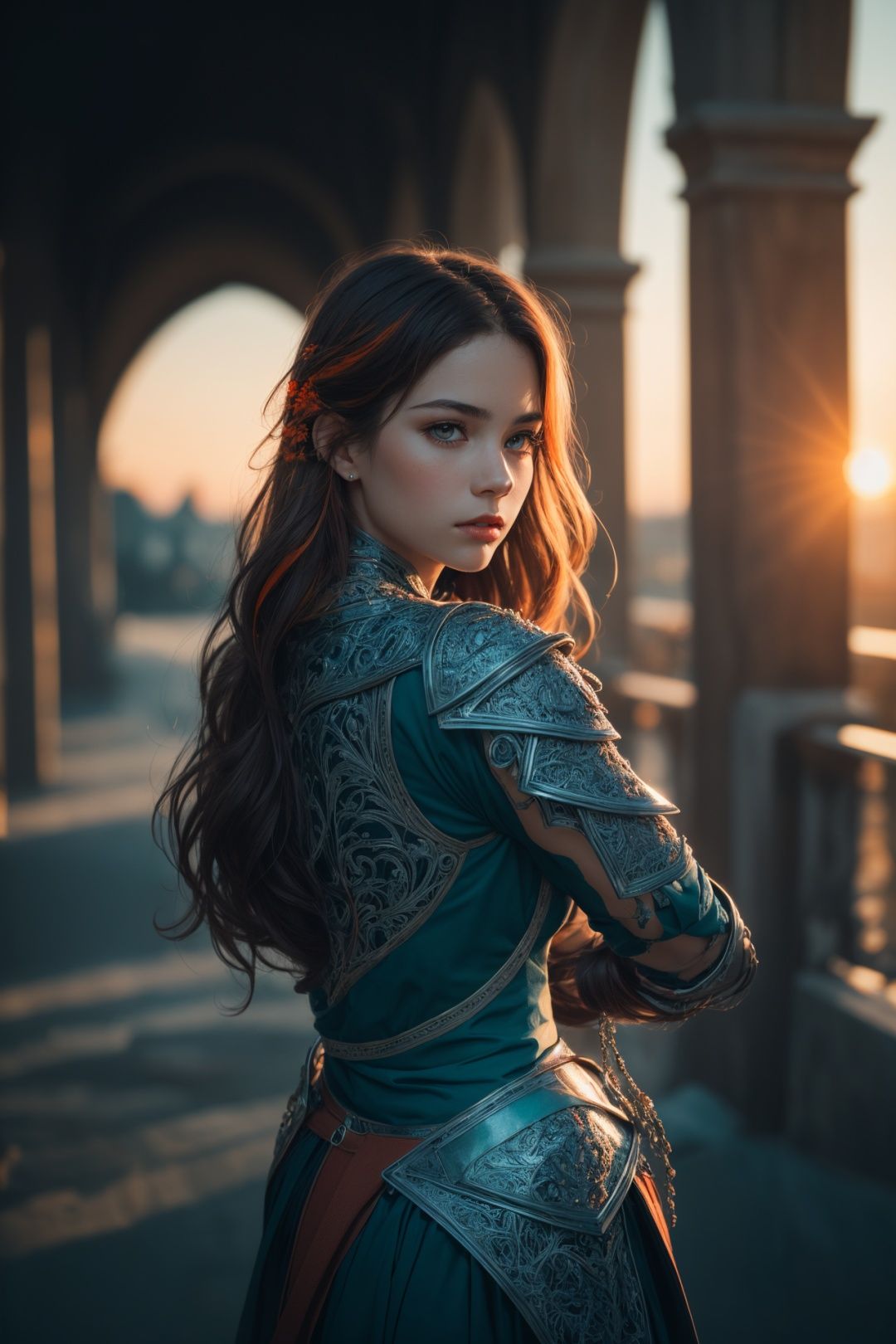 (absurdres, highres, ultra detailed)(masterpiece), (extremely intricate:1.3), (realistic), portrait of a girl\( the most beautiful in the world, (medieval armor), metal reflections, upper body, look back\), sharp focus, BREAK, outdoors, intense sunlight, far away castle, dramatic, award winning, cinematic lighting, , volumetrics dtx, (film grain, blurry background, blurry foreground, bokeh, depth of field, sunset, motion blur:1.3), chainmail, exposure blend, medium shot, bokeh, (hdr:1.4), high contrast, (cinematic, teal and orange:1.4), (muted colors, dim colors, soothing tones:1.3), low saturation