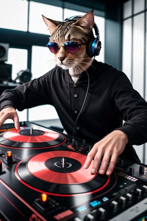 8k uhd rtx on cinematic artistic photoreal masterpiece best quality high resolution, A Cat DJ, wearing sunglasses and headphones, working the turntables as a DJ,
