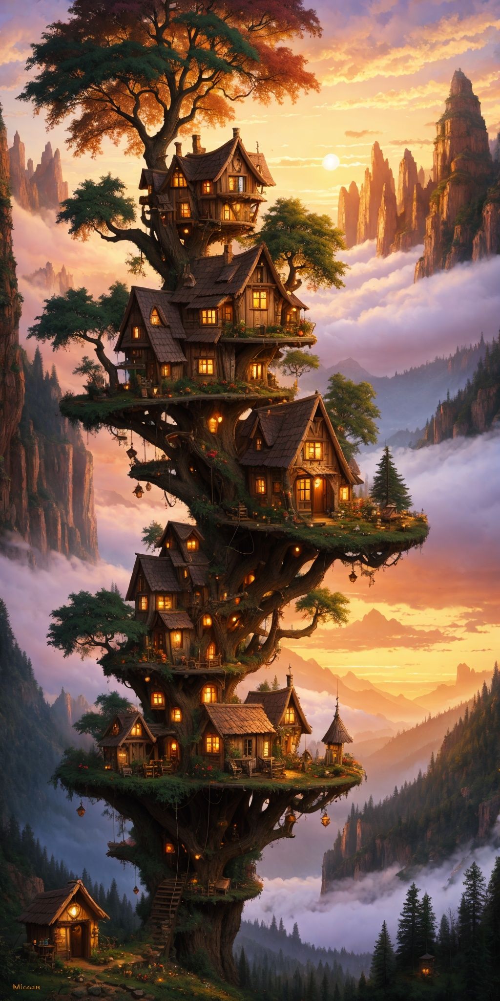 valley, fairytale treehouse village covered, , matte painting, highly detailed, dynamic lighting, cinematic, realism, realistic, photo real, sunset, detailed, high contrast, denoised, centered, michael whelan