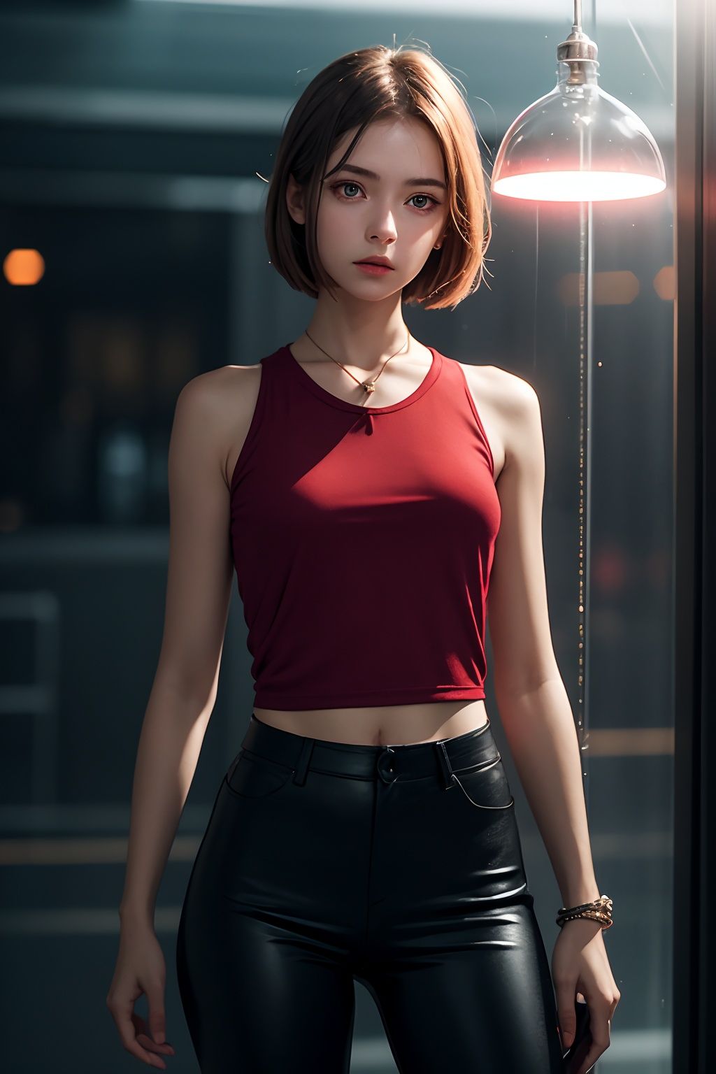 1girl,full_body,highly realistic,glassy translucence,blink-and-you-miss-it detail,Sci-fi light effects,OVERHEAD SPOTLIGHT BEAM,trousers,National wind current,jewelry,bar,glass bottle,(((red top))),