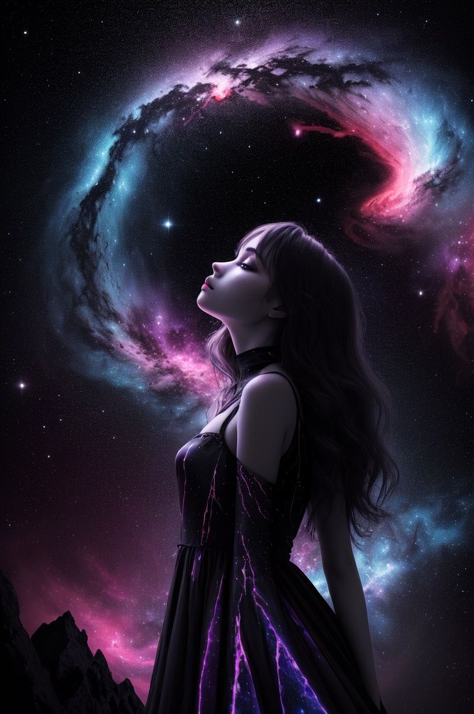 masterpiece, best quality, ultra high res, (abstract art:1.3), (dark theme:1.2), art, stylized, deep shadow, dark theme, 1girl, cosmic dress, cosmic beauty, in space, nebula,  ,  