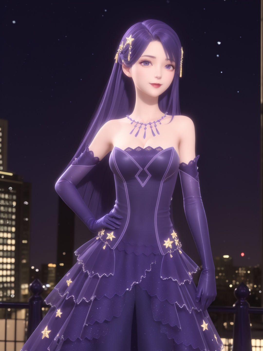 SYNNxinzhihai, 1girl, purple dress, solo, long hair, purple eyes, purple gloves, purple hair,necklace,bare shoulders, looking at viewer, jewelry, elbow gloves, smile, star hair ornament, see-through,makeup, closed mouth,frills, parted bangs, <lora:SYNNxinzhihai:0.75>,cityscape, night, mature female, hand on hip, cowboy shot, close-up,