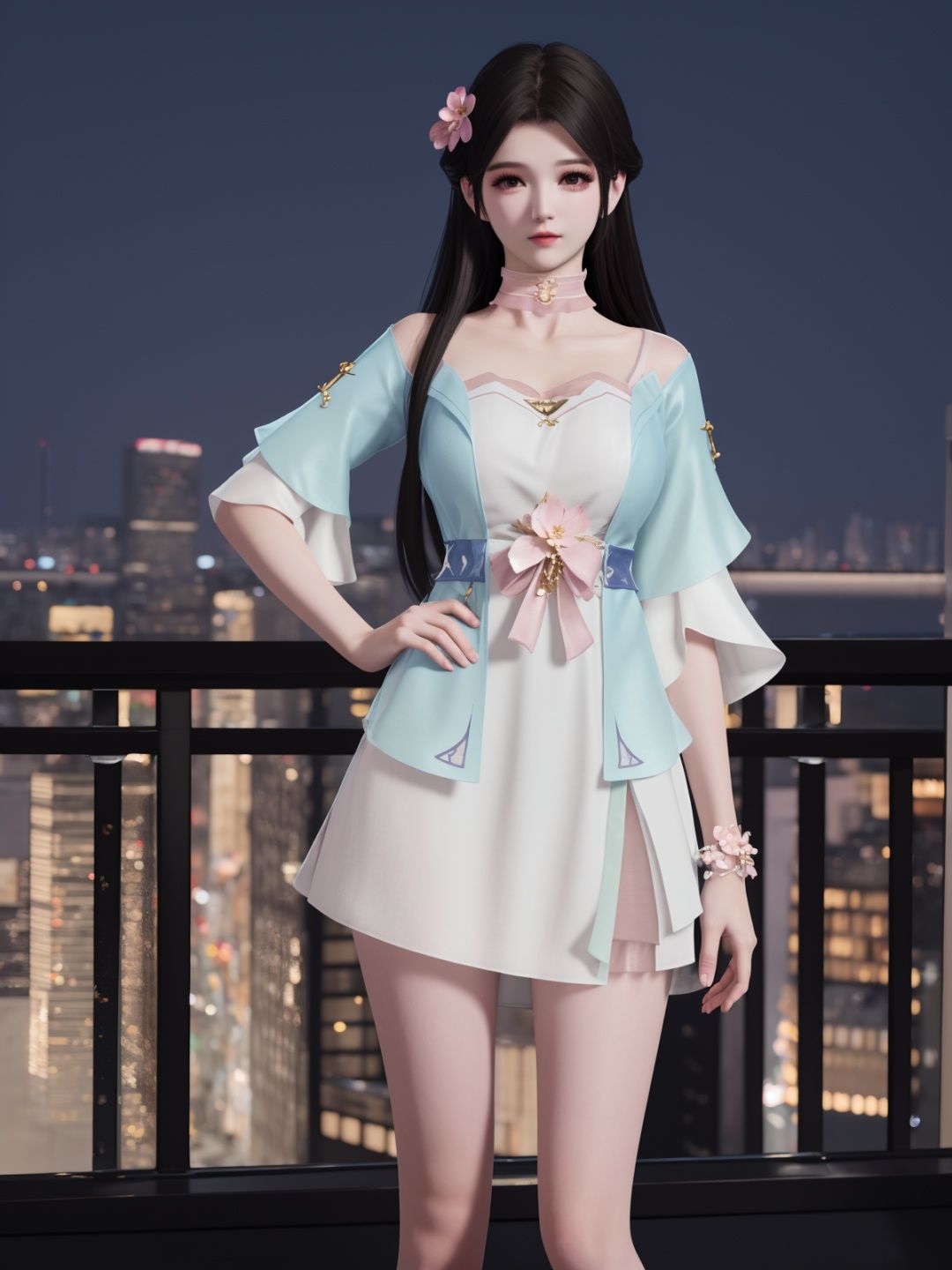 YJWJyingzipingBS, 1girl, solo, dress,long hair, hair flower, black hair, choker,  bare legs, looking at viewer,jewelry,cityscape, night, mature female, short sleeves,  <lora:YJWJyingzipingBSii:0.75>,hand on hip, 