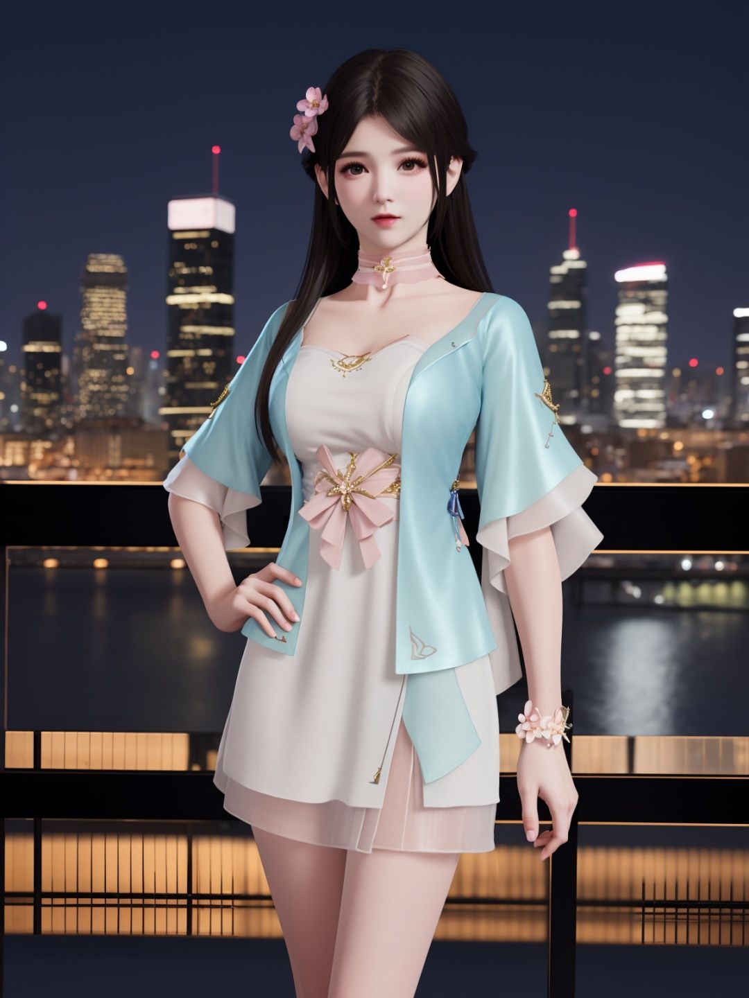 YJWJyingzipingBS, 1girl, solo, dress,long hair, hair flower, black hair, choker,  bare legs, looking at viewer,jewelry,cityscape, night, mature female, short sleeves,  <lora:YJWJyingzipingBSii:0.75>,hand on hip, 
