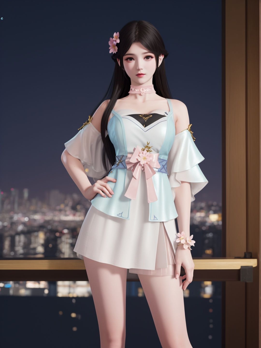 YJWJyingzipingBS, 1girl, solo, dress,long hair, hair flower, black hair, choker,  bare legs, looking at viewer,jewelry,cityscape, night, mature female, short sleeves,  <lora:YJWJyingzipingBSii:0.75>,hand on hip, 