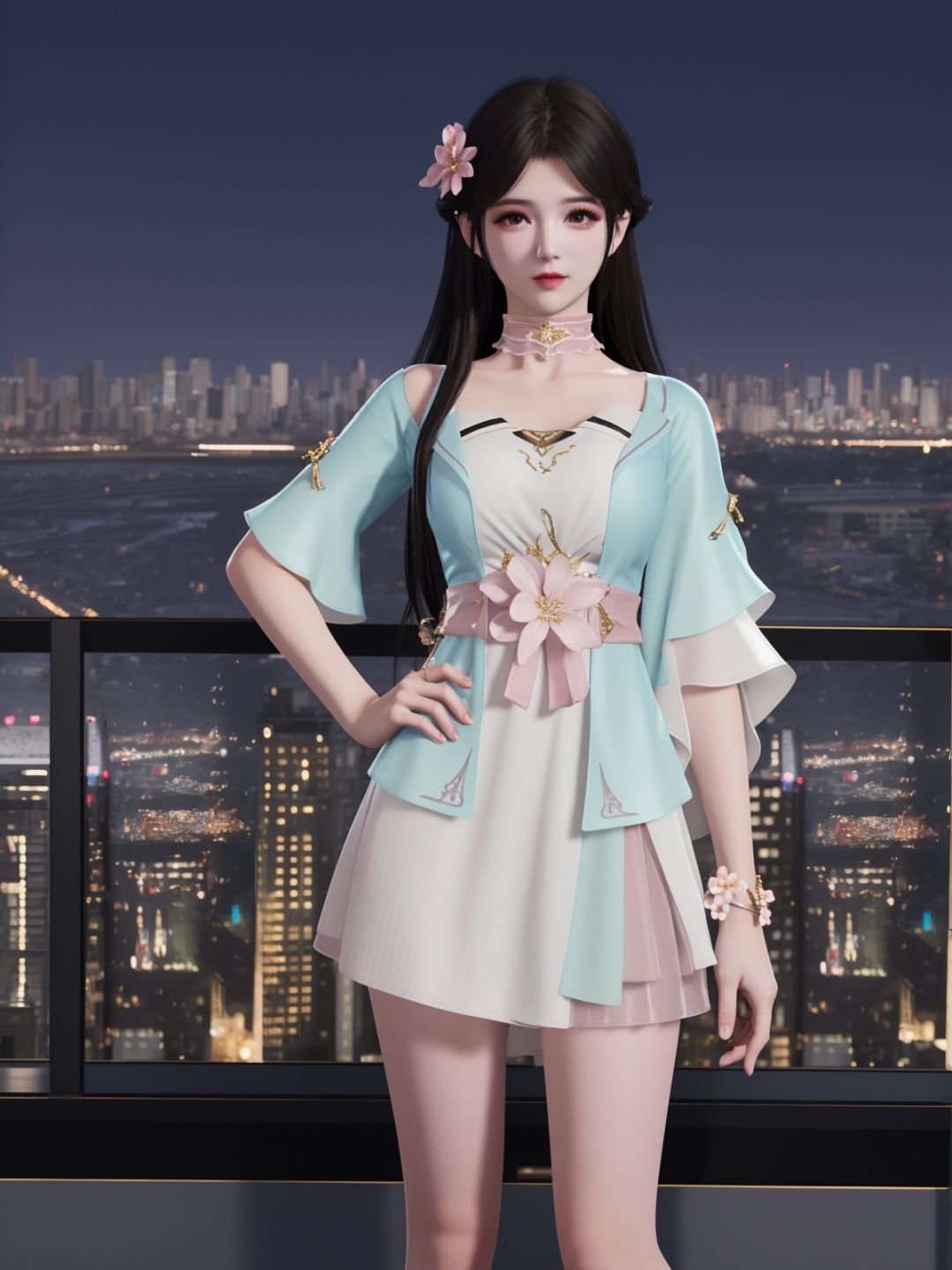 YJWJyingzipingBS, 1girl, solo, dress,long hair, hair flower, black hair, choker,  bare legs, looking at viewer,jewelry,cityscape, night, mature female, short sleeves,  <lora:YJWJyingzipingBSii:0.75>,hand on hip, 