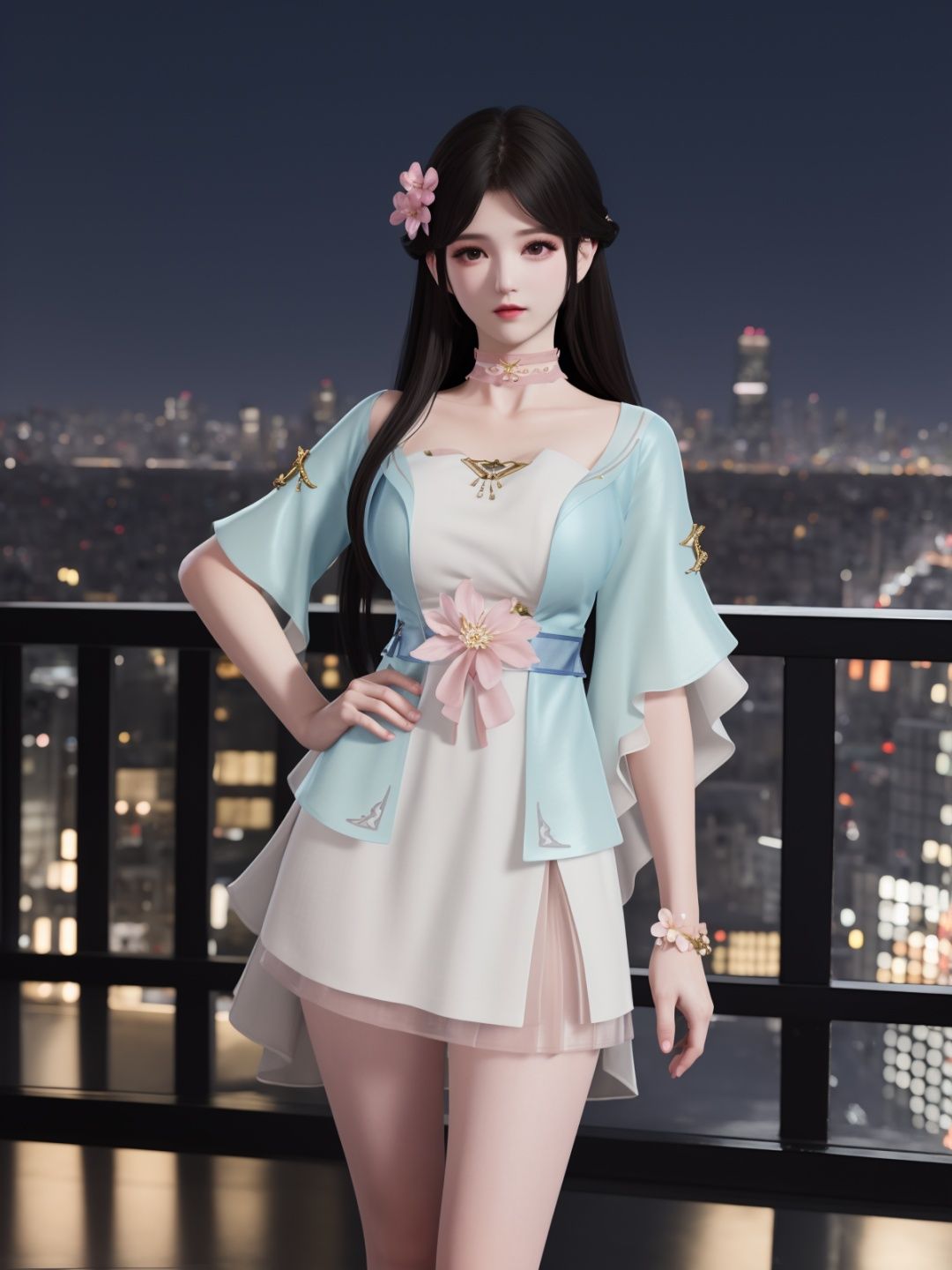 YJWJyingzipingBS, 1girl, solo, dress,long hair, hair flower, black hair, choker,  bare legs, looking at viewer,jewelry,cityscape, night, mature female, short sleeves,  <lora:YJWJyingzipingBSii:0.75>,hand on hip, 
