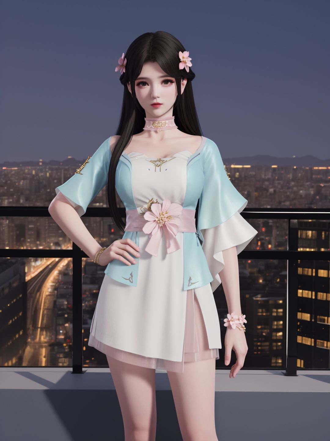 YJWJyingzipingBS, 1girl, solo, dress,long hair, hair flower, black hair, choker,  bare legs, looking at viewer,jewelry,cityscape, night, mature female, short sleeves,  <lora:YJWJyingzipingBSii:0.75>,hand on hip, 