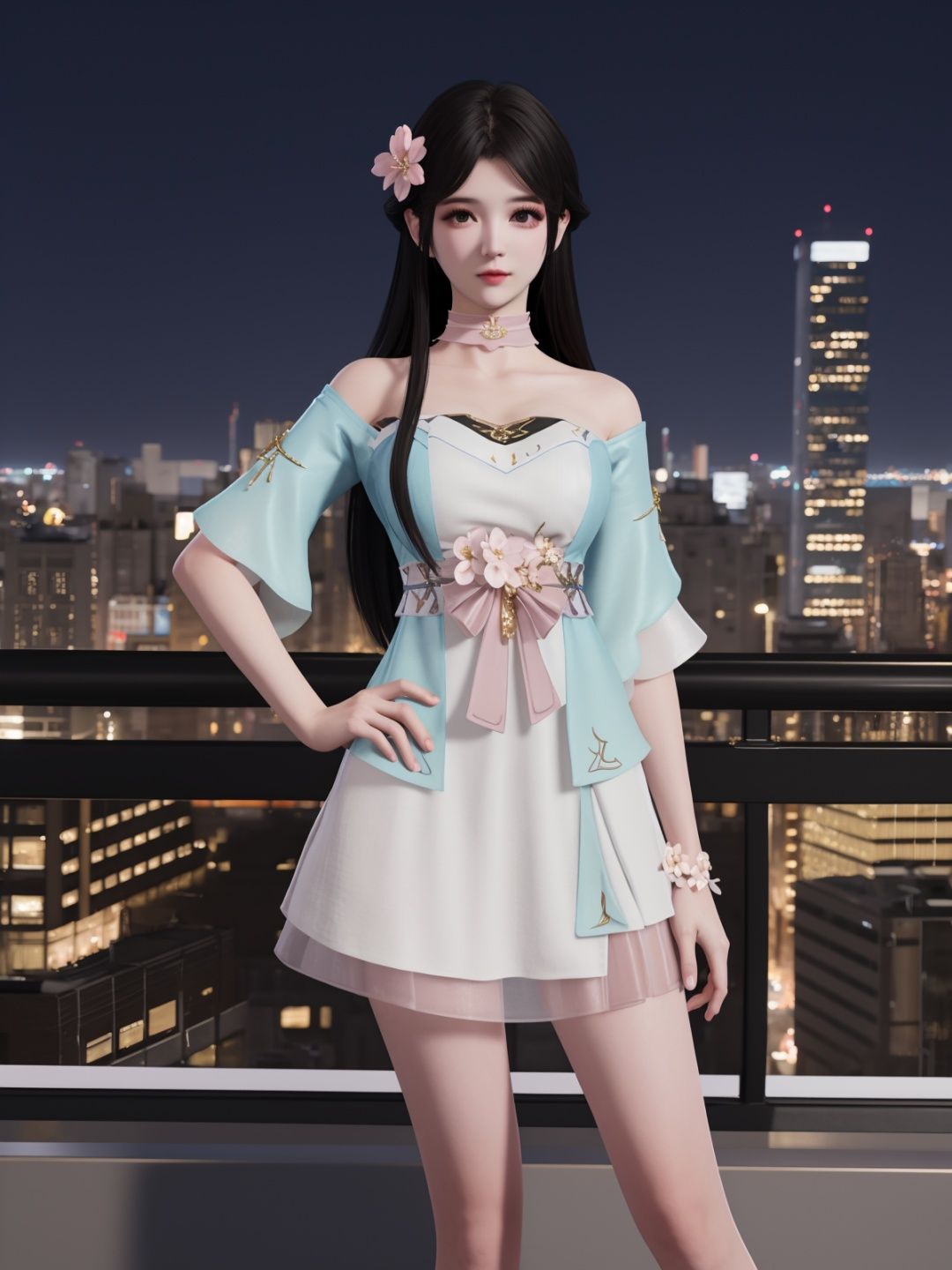 YJWJyingzipingBS, 1girl, solo, dress,long hair, hair flower, black hair, choker,  bare legs, looking at viewer,jewelry,cityscape, night, mature female, short sleeves,  <lora:YJWJyingzipingBSii:0.75>,hand on hip, 