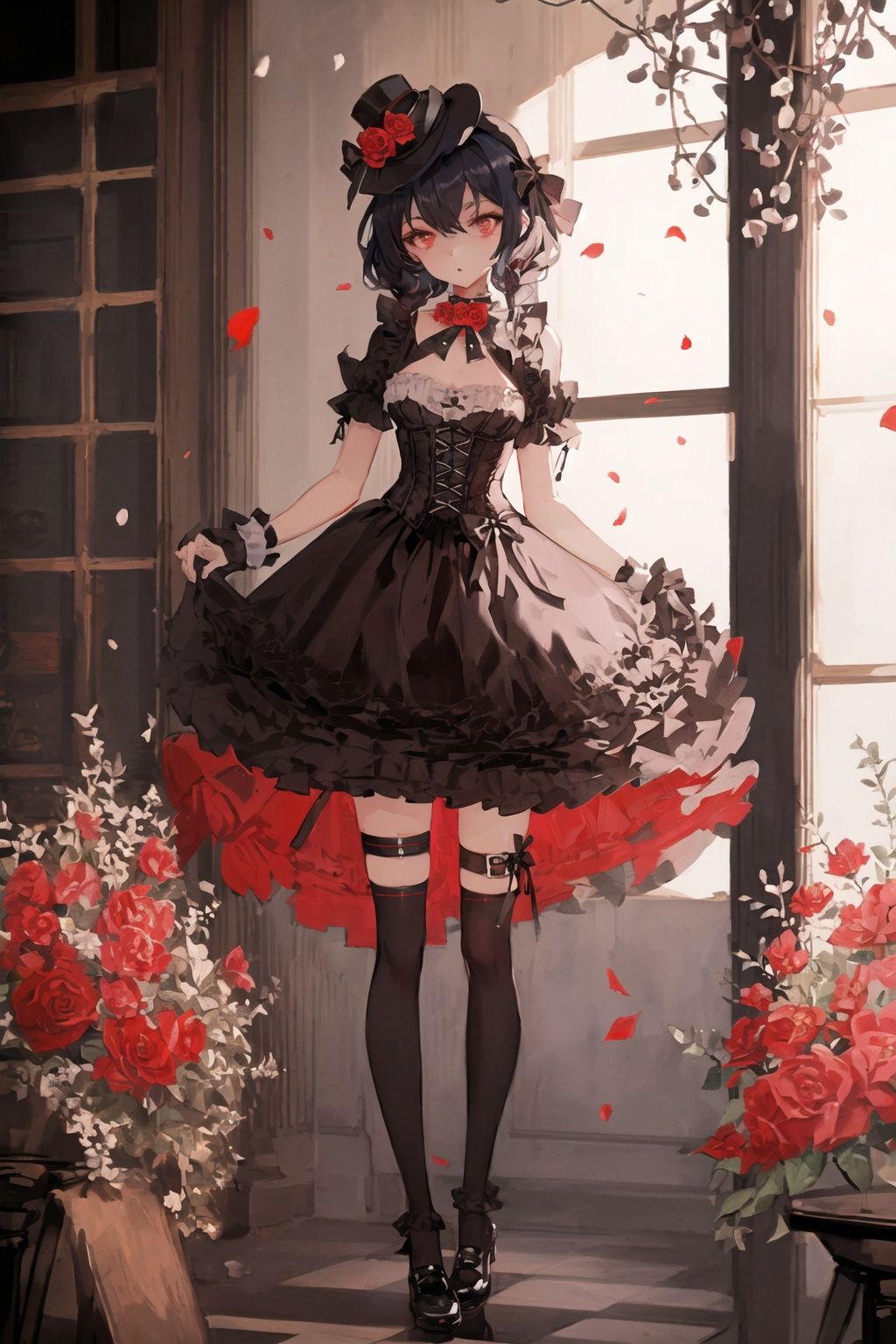 art by Cornflower, dreamy,((best quality),(masterpiece),(ultra detailed),(highres),production art,1girl, solo, mini hat, flower, black hair, hat, hair ornament, dress, petals, socks, red eyes, kneehighs, mini top hat, checkered floor, standing, gothic lolita, corset, black socks,upper body,)  <hypernet:Cornflower_Mirage:1>