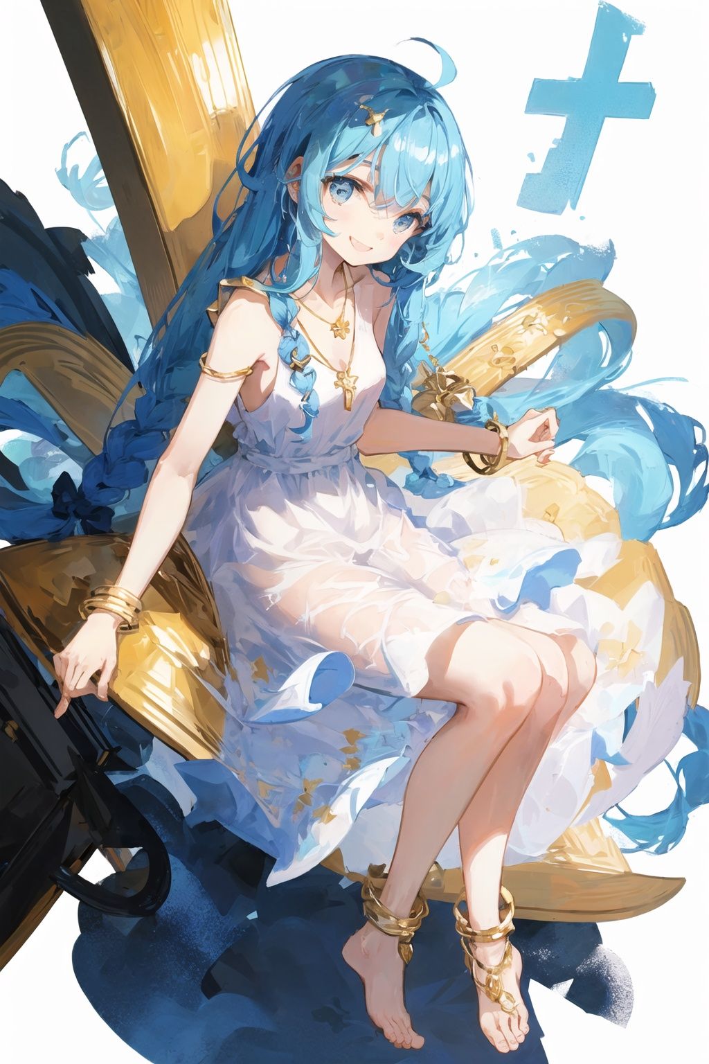 art by Cornflower, dreamy,((transparent background, white background),(best quality, masterpiece:1.2), beautiful,1 girl, solo, 12 years old,blue hair, (long hair), streat hair,blue eyes, loli, petit,smile,white dress, white_dress, short_dress, sleeveless,necklace, gold necklace, big gold necklace,bracelet, gold bracelet,(barefoot),)  <hypernet:Cornflower_Mirage:1>
